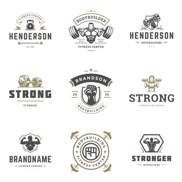 Fitness center and sport gym logos and badges design set vector illustration typographic labels with sport equipment