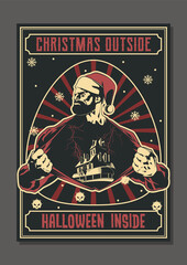 Fototapeta na wymiar Christmas outside, but Halloween inside Poster, Bearded Man, Santa's Hat, House and Lightnings Retro Style Illustraton 