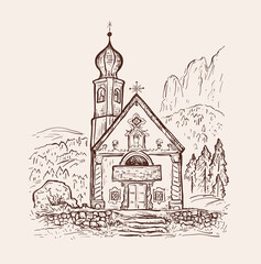 Funes Valley, Dolomites, Italy. Chiesetta di San Giovanni church. Italy, Europe. Santa Maddalena. Sketch vector illustration.