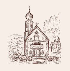 Fototapeta premium Funes Valley, Dolomites, Italy. Chiesetta di San Giovanni church. Italy, Europe. Santa Maddalena. Sketch vector illustration.