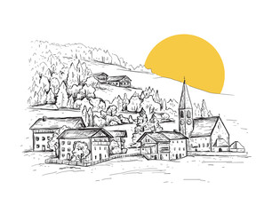Rural landscape with sunrise. Italy, Europe. Santa Maddalena. Val di Funes valley. Sketch vector illustration with a church, village houses on the hill.