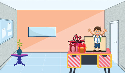 A kid celebrating with gifts in house after lockdown