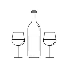 Wine bottle with wine glasses line icon. Outline silhouette. Vector illustration.