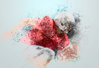 American football sportsman player with ball in action on stadium under lights of background. Sport, proud footballer in white helmet and red t-shirt ready to play.