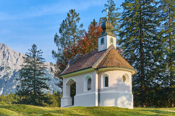 Chapel of Mary Queen near the Lautersee. Kapelle Maria K&ouml;nigin in Mittenwald, Bavaria, Germany