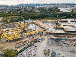 Aerial drone view. Construction of a large shopping center
