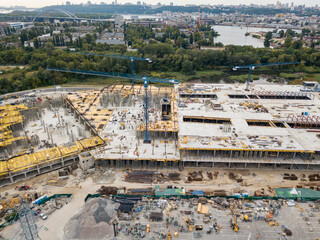 Aerial drone view. Construction of a large shopping center