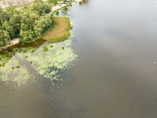 Green river bank in Kiev. Aerial drone view.