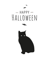 Happy Halloween greeting card design in minimalist style. Black cat sitting on white background. - Vector illustration