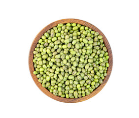 green mung beans with wooden bowl isolated on white background