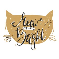 Hand drawn vector abstract Merry Christmas greeting card template with cute modern calligraphy phase Meow and bright.Christmas poster,sign,label,banner,tag,postcard,decoration design.