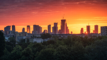 Fototapeta na wymiar Panorama of skyscrapers in the center of Warsaw during sunrise, Poland
