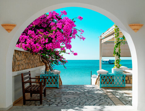 A view of the blue sea of ​​Tunisia through a white archway with pink blooming flowers in the foreground. In the distance a house on the water.