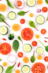 Fresh summer vegetables, a flat lay on a white background, vibrant food pattern, shot from the top