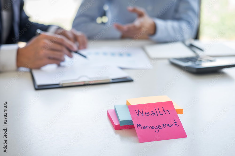 Poster wealth management and financial concept, team of business accounting analyzing and calculation on va