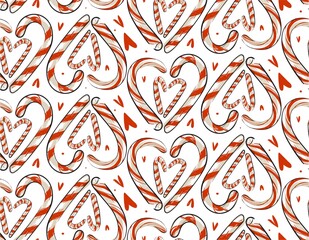 Hand drawn vector abstract Christmas seamless pattern with candy canes in heart shape isolated on white background.Christmas menu design.Happy New Year and Merry Christmas concept.Holiday candies