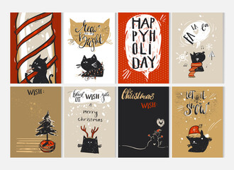 Fototapeta na wymiar Hand drawn vector Merry Christmas greeting card set with cute funny black cats characters in winter clothing,Christmas trees,candy cane,caroling,snowman,sign and modern calligraphy.Journaling cards