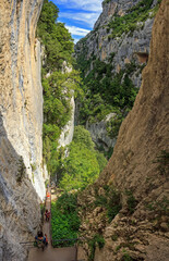 Verdon canyon: the steep ladders of Brèche Imbert, halfway the famous Martel hiking trail, France