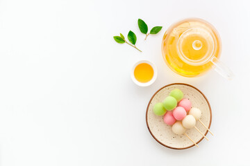 Asian dessert Dango rice dumplings and japanese tea