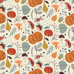 Vector colorful autumn natural seamless pattern with fall leaves, fruits, pumpkins and mushrooms