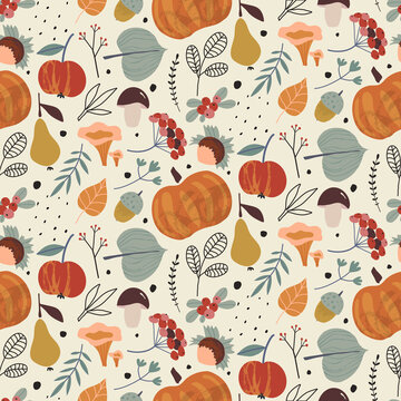 Vector Colorful Autumn Natural Seamless Pattern With Fall Leaves, Fruits, Pumpkins And Mushrooms