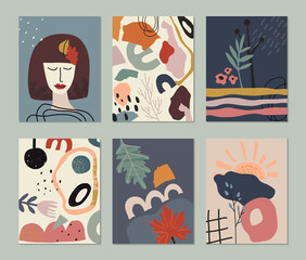 Set of vector colorful collage contemporary cards or posters. Autumn nature collection. Modern abstract shapes