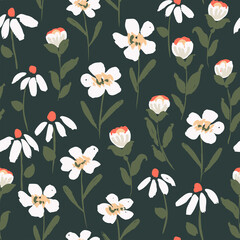 Midnight fairy blossoms seamless vector pattern. White flowers with yellow, red and green details forming a garden over black. Great for home decor, fabric, wallpaper, stationery, design projects.