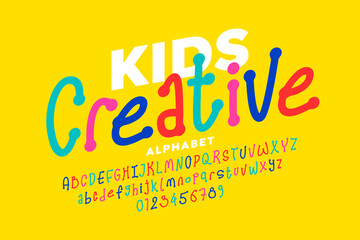 Hand drawn style kids font, creative alphabet letters and numbers vector illustration