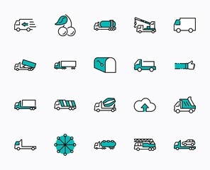 Truck Set of Transport Vector Line Icons. Contains such Icons as Truck, Transportation, Tow Truck, Cranes, Mixer, Garbage Truck, Manipulators, Delivery service and more. Editable Stroke. 32x32 Pixel