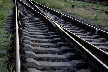 Summer railway tracks overgrown with green grass. Way out.