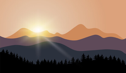 Sunset in mountains vector landscape illustration.