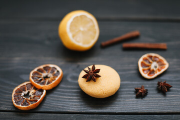 Natural citrus soap on dark background. Concept of Spa, Salon or Home body and skin care. Flat lay. Space for text, top view