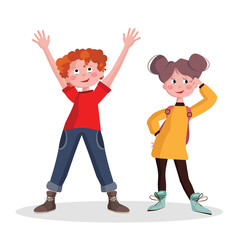 Boy and girl in full growth. Smiling school children with backpacks set isolated vector illustration.