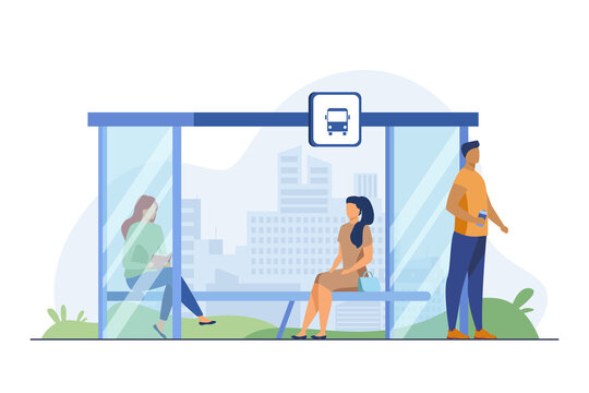 People waiting public transport at bus stop. Bench, reading, cityscape flat vector illustration. Transportation and urban lifestyle concept for banner, website design or landing web page