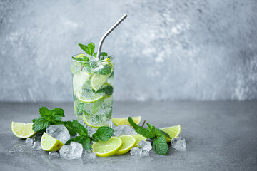 mojito cocktail with mint, lime and ice in a tall glass