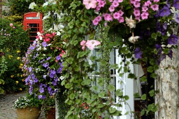 red telephone booth with flowers on the wall