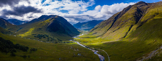 aerial view of glen etive and its waterfalls in the argyll region of the highlands of scotland near glen coe and rannoch moor in autumn © Andy Morehouse
