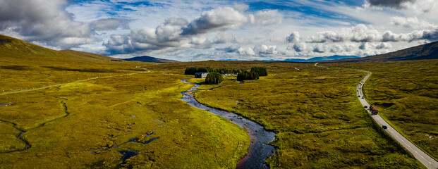 aerial view of rannoch moor and buachaille etive mor on the edge of glen coe in the argyll region of the highlands of scotland during autumn © Andy Morehouse