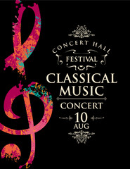 Poster of a live classical music concert. Vector banner, flyer, invitation, ticket or advertising poster with abstract treble clef in the form of bright spots of paint on a black background © paseven