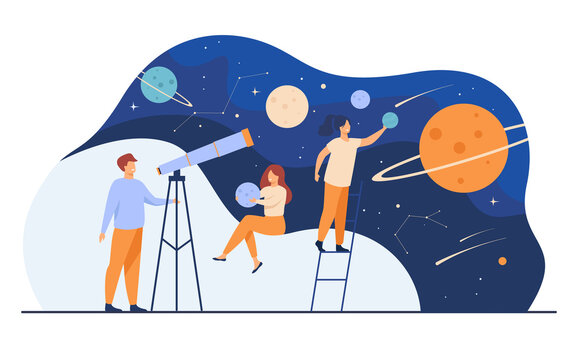 Man studying galaxy through telescope. Women holding planets models, watching meteors and constellation of stars. Flat vector illustration for horoscope, astronomy, discovery, astrology concepts