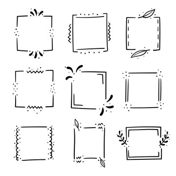 Set of hand drawn square frames - Isolated black frames borders with decorative elements on white background