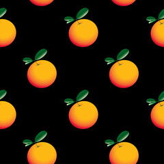 Seamless pattern with fresh oranges and green leaves on a black background. Cartoon vector background with citrus fruits, suitable for wallpaper, wrapping paper, fabric, textile, design.