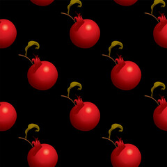 Seamless pattern with red ripe pomegranates on a black background. Decorative vector background with red garnet fruits, suitable for wallpaper, wrapping paper, textile, fabric, design.