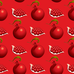 Seamless pattern with pomegranate fruits and seeds on red background. Vector design for cosmetics, spa, pomegranate juice, health care products. suitable for wallpaper, wrapping paper, textile