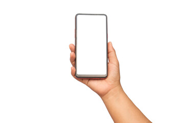 Fototapeta na wymiar The hand is holding the white screen, the mobile phone is isolated on a white background with the clipping path.
