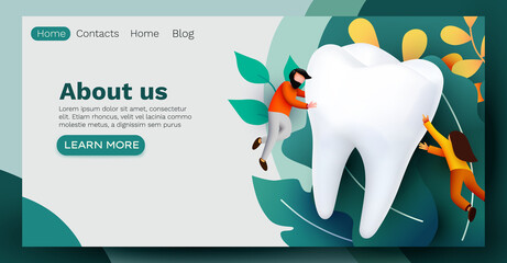 People flying around big tooth. Dental clinic. Teeth care. Web page, banner, presentation. Online survey with characters.