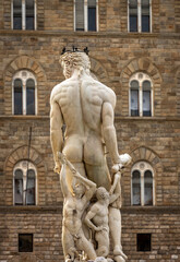 Fototapeta na wymiar Florence, Neptune Fountain (Roman deity) by Bartolomeo Ammannati 1560-1565, Piazza della Signoria, UNESCO world heritage site,Tuscany, Italy, Europe
