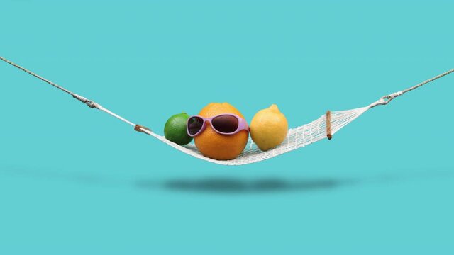 Group of citrus fruits relaxing with sunglasses on hammock. Stop motion animation with alpha channel.