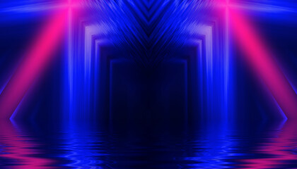 Abstract dark futuristic background. Neon rays of light are reflected from the water. Background of empty stage show, beach party. 3d illustration