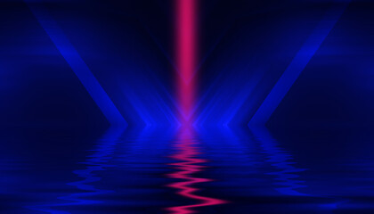 Abstract dark futuristic background. Neon rays of light are reflected from the water. Background of empty stage show, beach party. 3d illustration